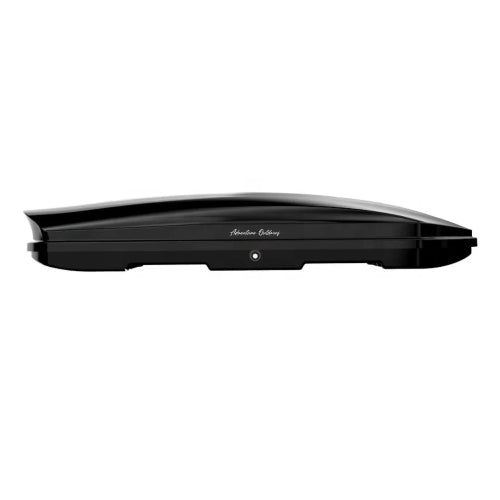 Stream AO roof cargo box 330L in glossy black, angled closed view of an aerodynamic rooftop cargo carrier