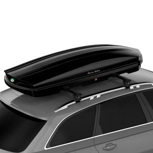Stream AO roof cargo box mounted on SUV roof rack showing aerodynamic low-profile rooftop storage design