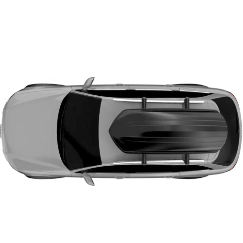 Top view of Stream AO roof cargo box mounted on car roof rack showing streamlined aerodynamic shape
