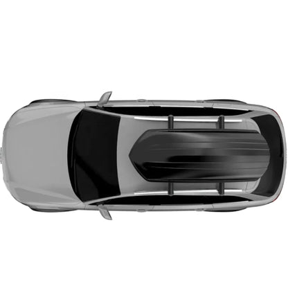 Top view of Stream AO roof cargo box mounted on car roof rack showing streamlined aerodynamic shape
