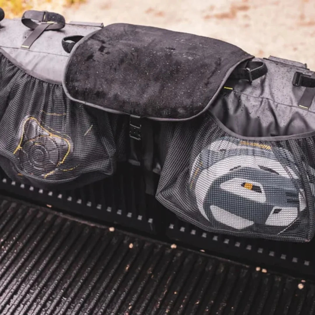 Swagman Paramount Tailgate Pad attached to tuck hitch. Showing the inside pockets which carry helmets and other bicycle gear