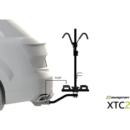 Diagram of Swagman XTC2 bike rack installed on a vehicle with tilt-down measurement.