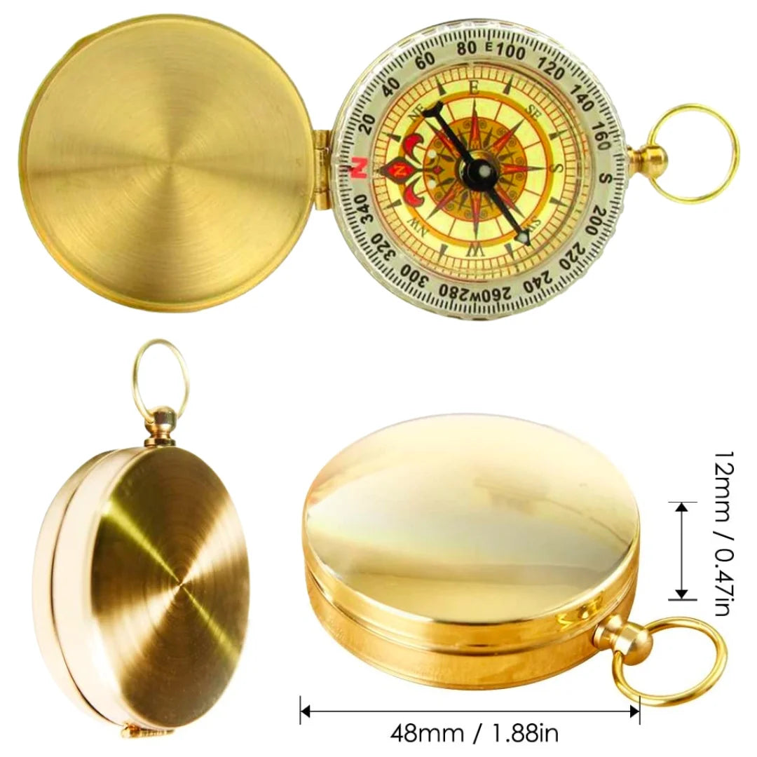AO brass tactical compass shown with lid closed and open, including size measurements.