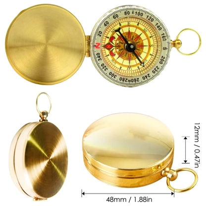 AO brass tactical compass shown with lid closed and open, including size measurements.
