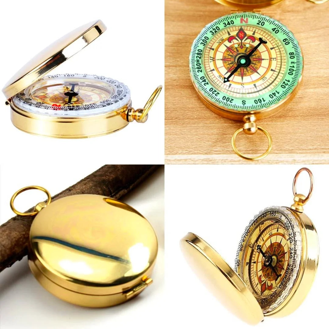Collage of AO brass tactical compass images showing lid, compass dial, and keychain.