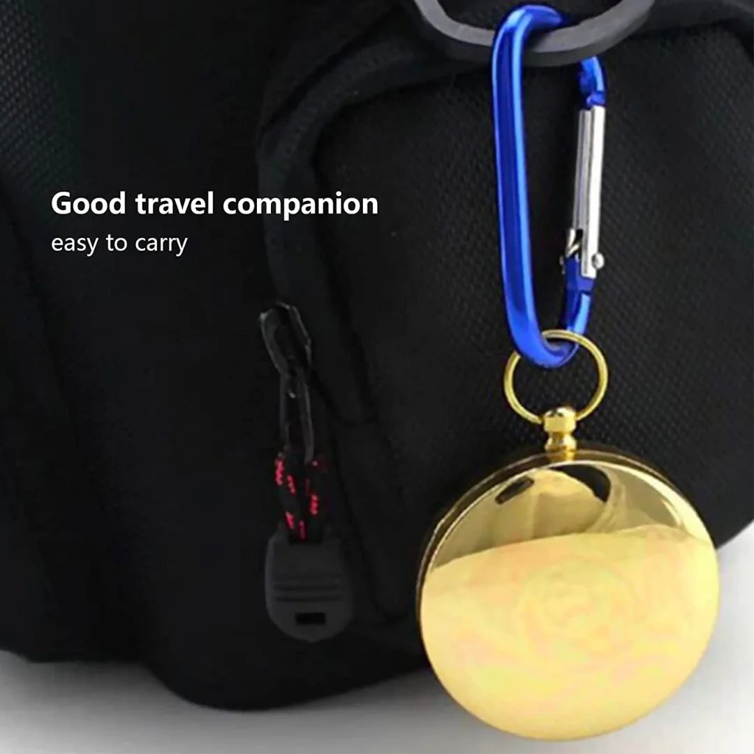 Collage of AO brass tactical compass hanging in bag