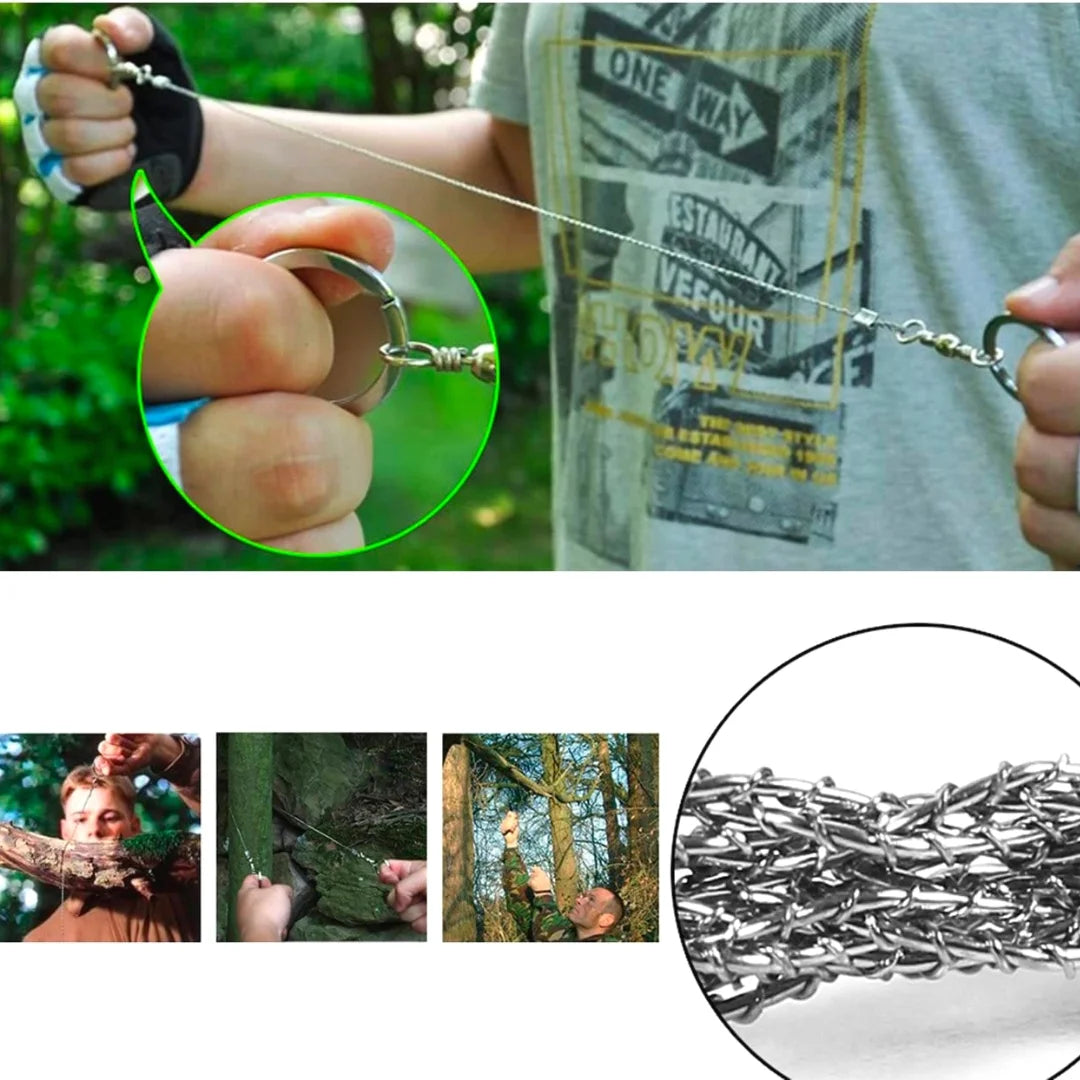Collage of AO tactical wire saw in use, cutting wood, and detailed wire texture with hands pulling saw