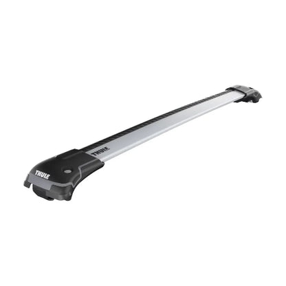 Thule AeroBlade Edge silver crossbar for vehicles with raised rails featuring integrated feet