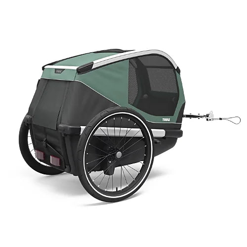 Thule Bexey hazy green trailer front view with mesh ventilation and low step-in entry