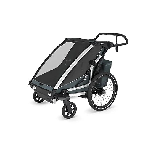 Thule Chariot Cross 2 Double Dark Slate multisport trailer setup with front stroller wheels and aerodynamic canopy