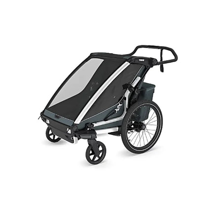 Thule Chariot Cross 2 Double Dark Slate multisport trailer setup with front stroller wheels and aerodynamic canopy
