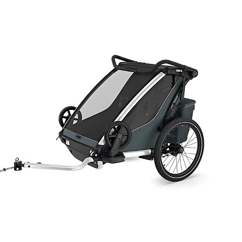 Thule Chariot Cross 2 Double Dark Slate bike trailer side view showcasing sleek design and suspension system