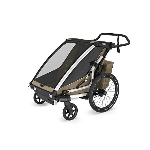 Thule Chariot Cross 2 Double in Faded Khaki color shown in stroller mode with adjustable handlebar and large rear wheels