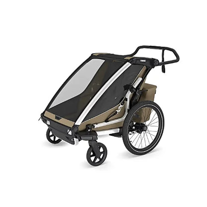 Thule Chariot Cross 2 Double in Faded Khaki color shown in stroller mode with adjustable handlebar and large rear wheels