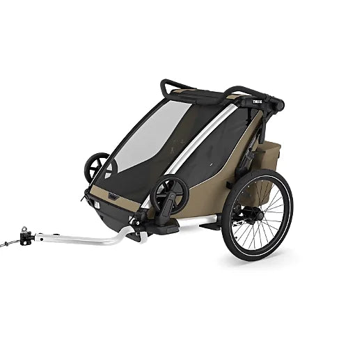 Thule Chariot Cross 2 Double Faded Khaki multisport bike trailer for two children attached to a bicycle