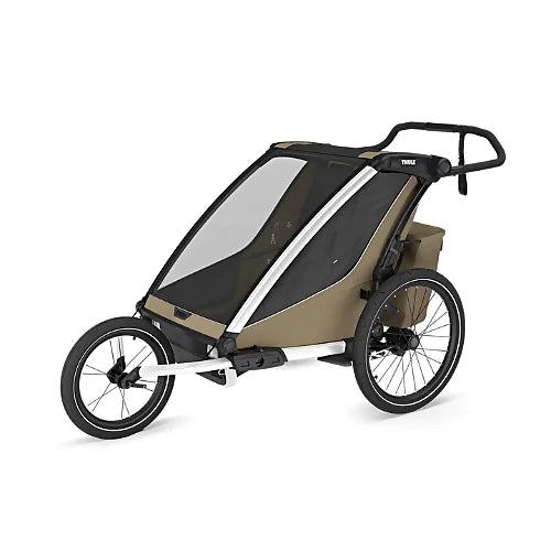 Thule Chariot Cross 2 Double Faded Khaki setup as jogging stroller with front wheel and aerodynamic canopy for active parents