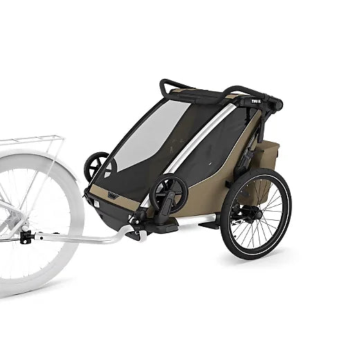 Thule Chariot Cross 2 Double Faded Khaki configuration as stroller with front wheels for urban and outdoor adventures