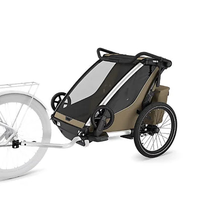 Thule Chariot Cross 2 Double Faded Khaki configuration as stroller with front wheels for urban and outdoor adventures