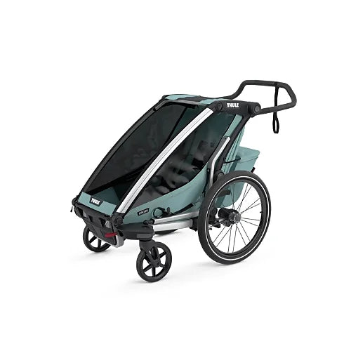 Thule Chariot Cross Single Alaska Blue in jogging stroller configuration with ergonomic handlebar for running parents