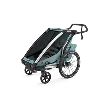 Thule Chariot Cross Single Alaska Blue in jogging stroller configuration with ergonomic handlebar for running parents