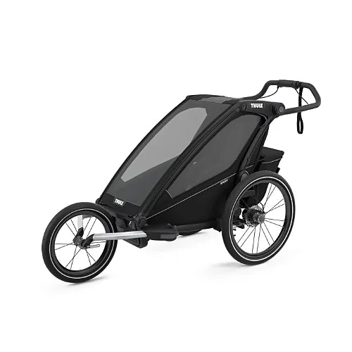 Thule Chariot Sport Single jogging stroller in midnight black with front running wheel attached