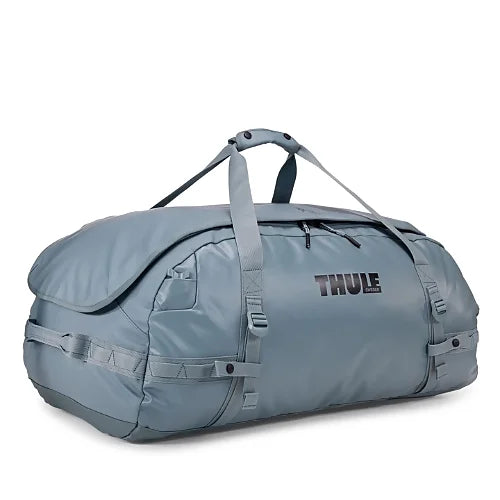 Thule Chasm 130L duffel bag in pond gray shown with comfortable shoulder straps