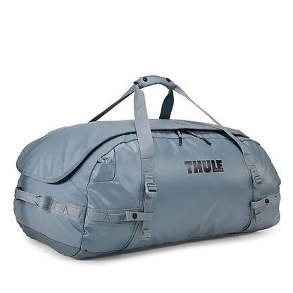 Thule Chasm 130L duffel bag in pond gray shown with comfortable shoulder straps