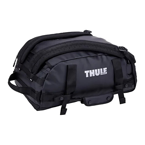 Thule Chasm 30L black duffel bag with oversized wide mouth opening for easy packing
