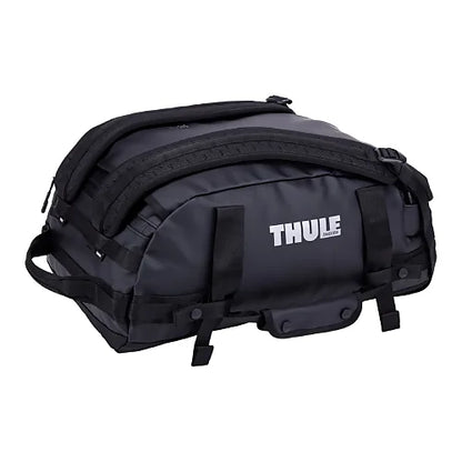 Thule Chasm 30L black duffel bag with oversized wide mouth opening for easy packing