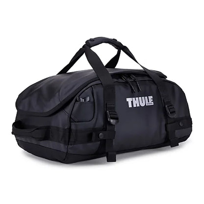 Side profile view of Thule Chasm 30L black duffel bag made from durable recycled materials