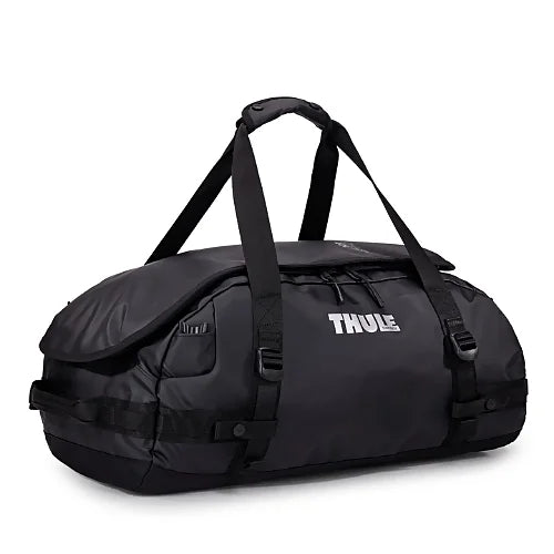 Top view of Thule Chasm 40L black duffel bag showing durable weather resistant construction