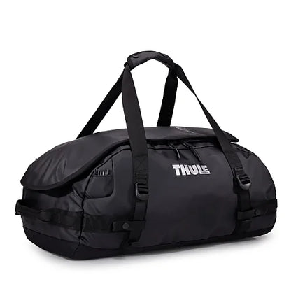 Top view of Thule Chasm 40L black duffel bag showing durable weather resistant construction