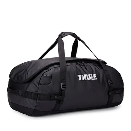 Thule Chasm 70L black duffel bag showing stowable backpack straps for 2-in-1 carrying