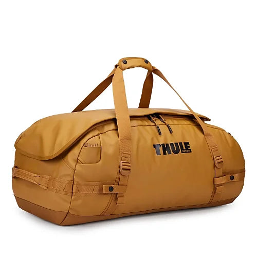 Thule Chasm 70L duffel bag in gold heavy duty travel gear for explorers