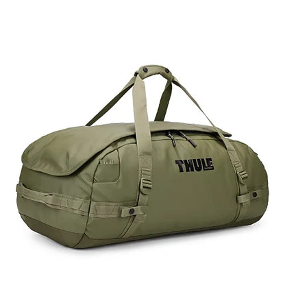 Thule Chasm 70L duffel bag in olivine green durable polyester for camping gear