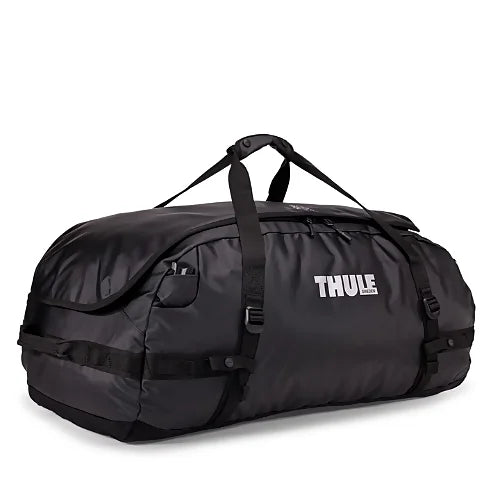 Thule Chasm 90L black duffel bag with stowable backpack straps visible
