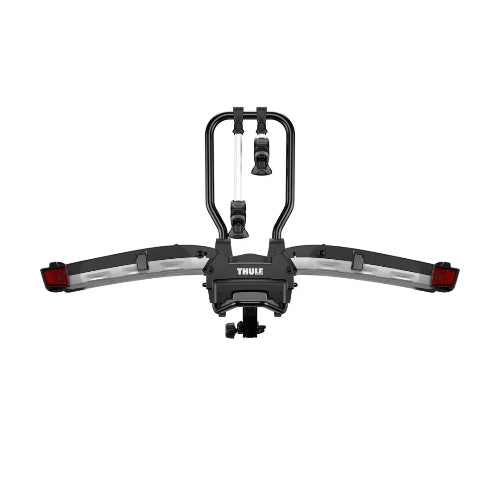 Front view of Thule EasyFold XT 2-Bike Hitch Rack with wheel holders and torque-limiting bike arms
