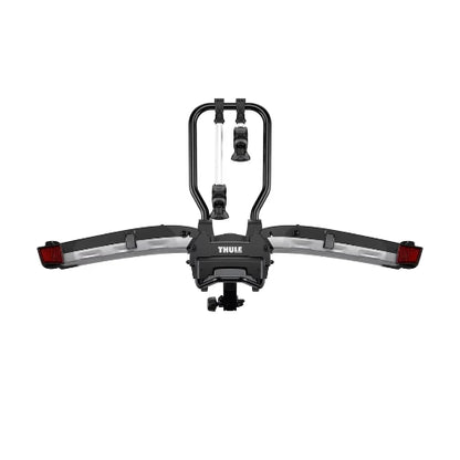 Front view of Thule EasyFold XT 2-Bike Hitch Rack with wheel holders and torque-limiting bike arms