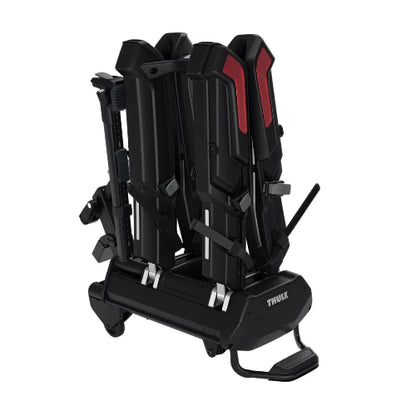 Thule Epos hitch bike rack in folded upright position for compact storage