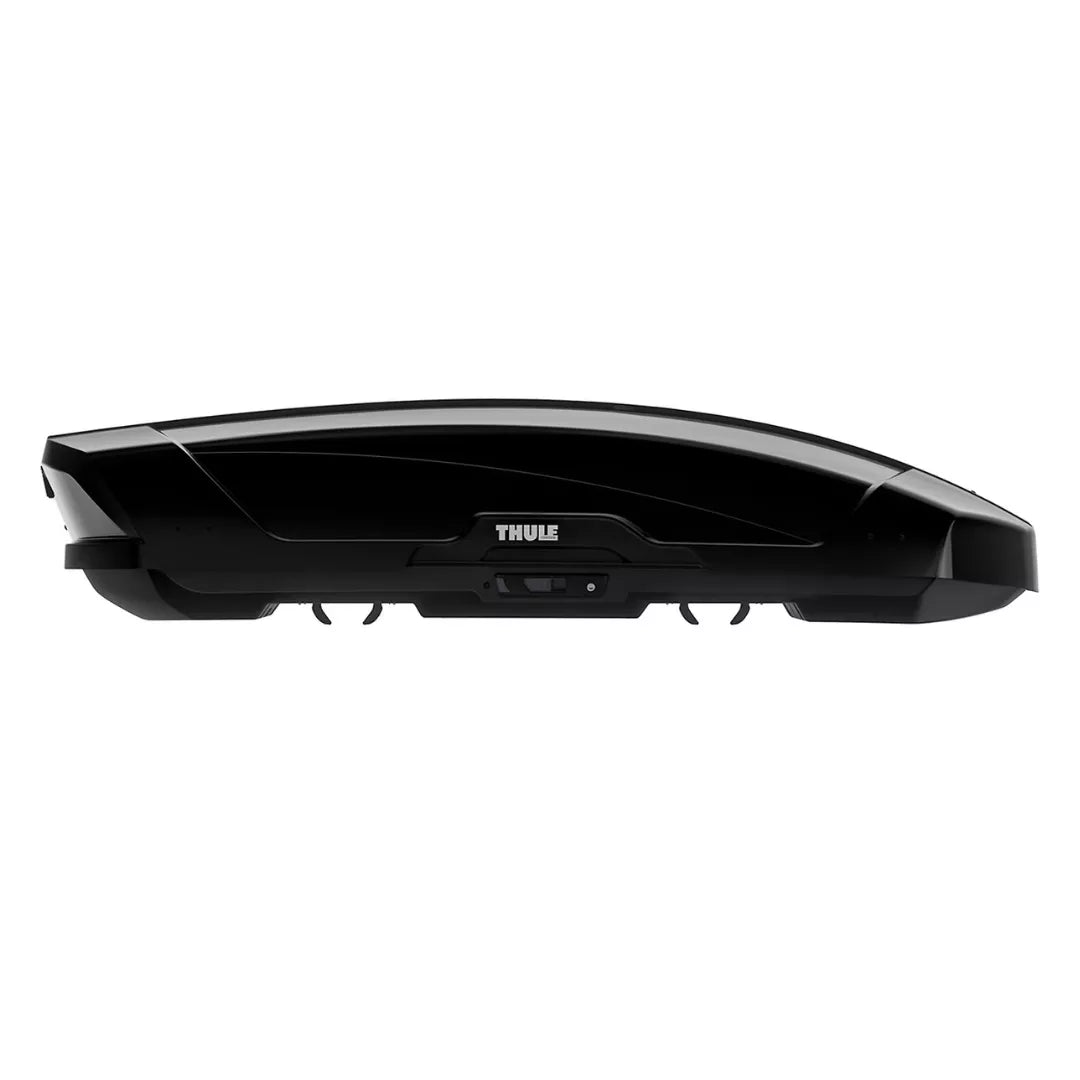 side view of the Thule Motion XT roof cargo box in glossy black finish.
