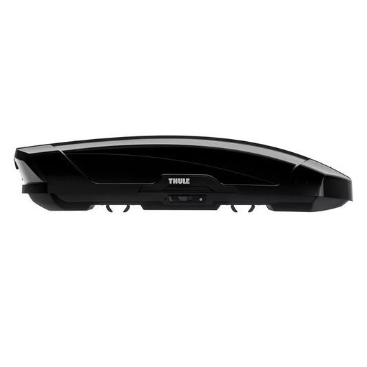 side view of the Thule Motion XT roof cargo box in glossy black finish.
