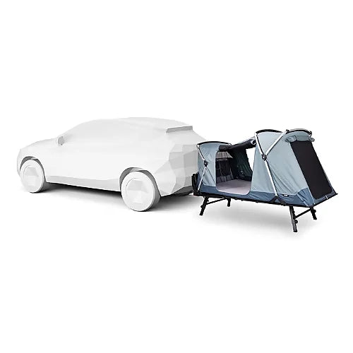 Thule Outset Hitch Car Tent fully set up and attached to SUV hitch, ready for outdoor camping