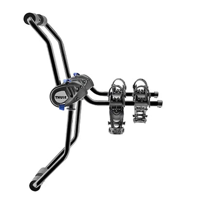 Thule Passage 2-Bike trunk rack in black, folding arms and soft rubber cradles for vehicle and bike protection