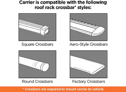 Chart showing Thule Pulse Alpine cargo box compatible crossbars including square, round, factory, and aero-style