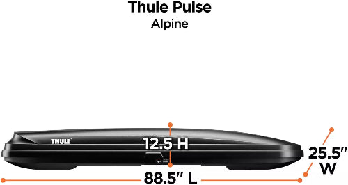 Thule Pulse Alpine cargo box dimensions chart showing length, width, and height measurements for proper vehicle fitment