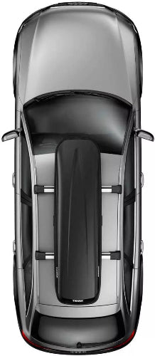 Top-down view of Thule Pulse Alpine roof box mounted on vehicle roof rails showcasing narrow aerodynamic shape