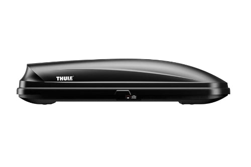 Thule Pulse roof cargo box side angle in glossy black finish showing modern aerodynamic contours and secure lock system