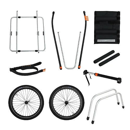 Complete Thule Reacha Sport parts kit with aluminum frame, wheels, and modular attachments displayed on white background