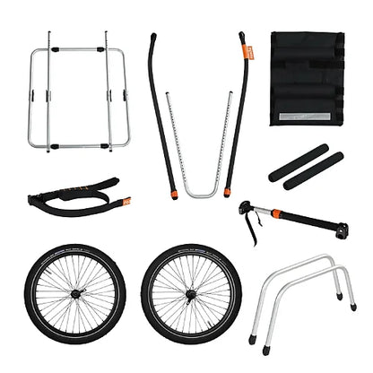 Complete Thule Reacha Sport parts kit with aluminum frame, wheels, and modular attachments displayed on white background