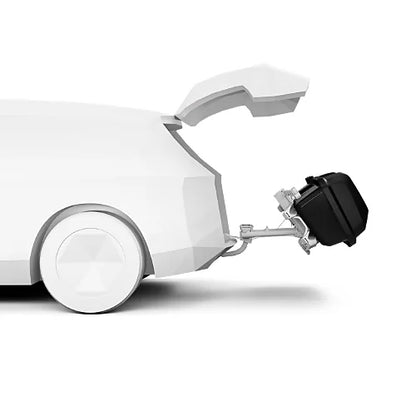 Thule Santu Hitch Cargo Box tilted away for trunk access showing hitch system